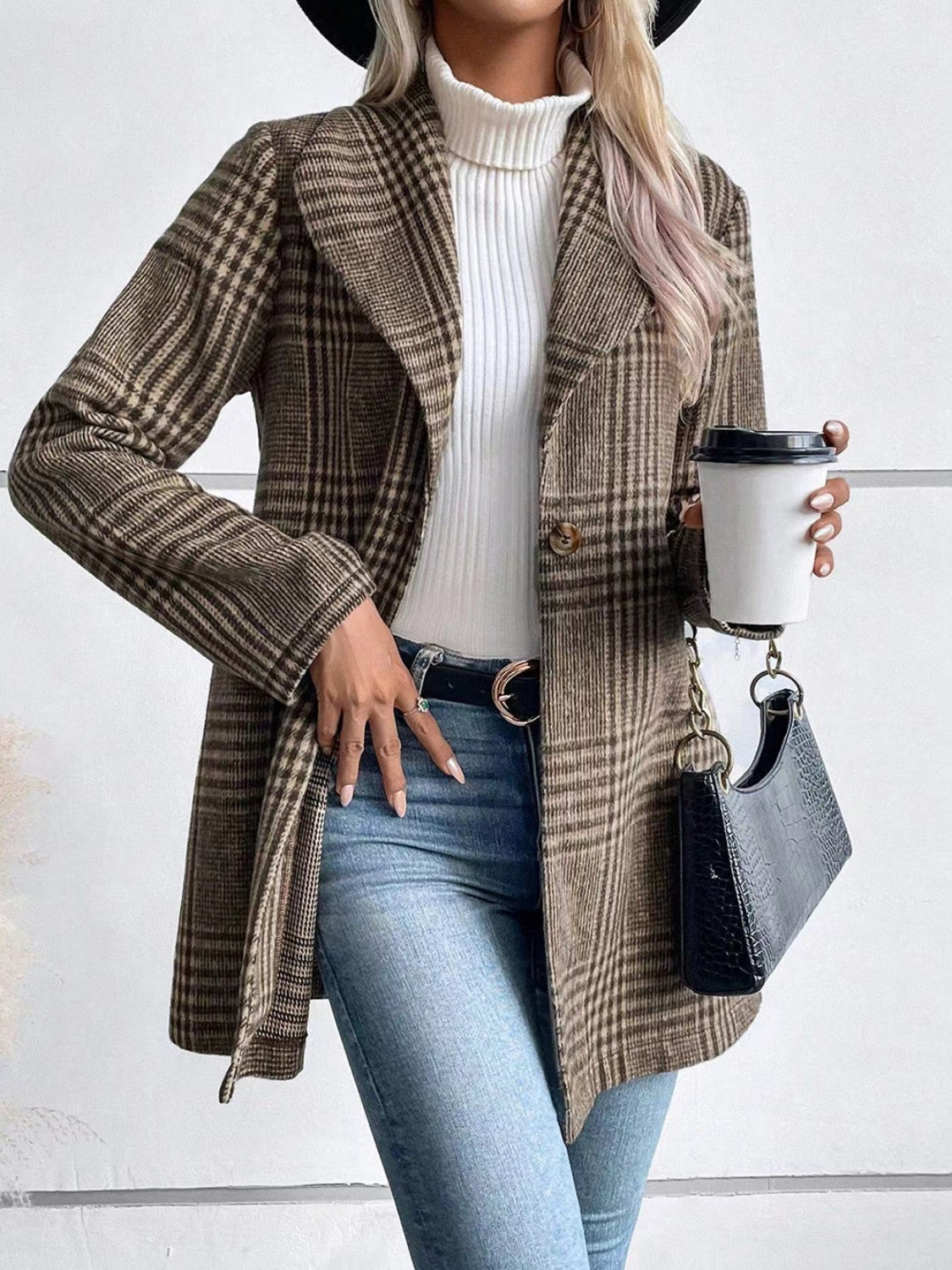 Plaid Collared Neck Long Sleeve Jacket | Chic & Cozy Outerwear