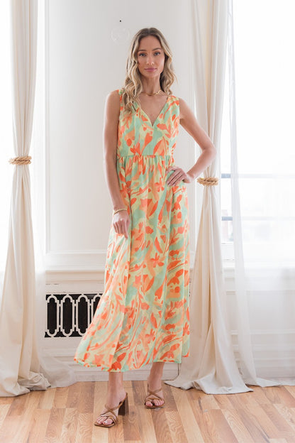 Sew In Love Printed V-Neck Sleeveless Dress – Chic & Stylish