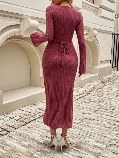 Vestido estilo suéter de manga larga con escote en V y lazo Devine
