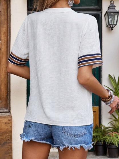 Contrast Stripes Notched Short Sleeve Blouse – Chic & Versatile