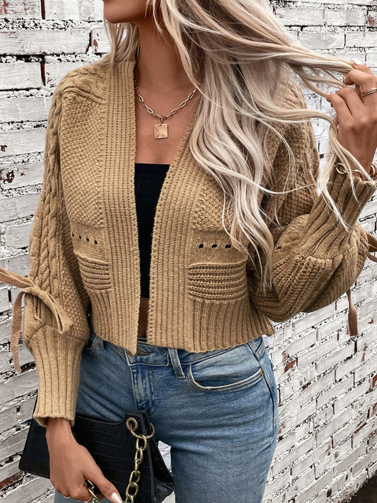 Cable-Knit Tied Open Front Cardigan | Cozy & Chic Lantern Sleeve Sweater