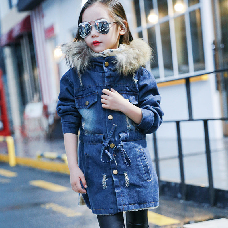 Denim Trench Coat with Velvet Padded Waist | Stylish & Warm