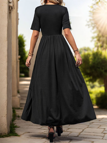 Lace Detail Slit V-Neck Short Sleeve Dress – Elegant & Stylish