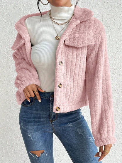 Title: Fuzzy Button-Up Collared Neck Jacket | Cozy & Stylish Outerwear