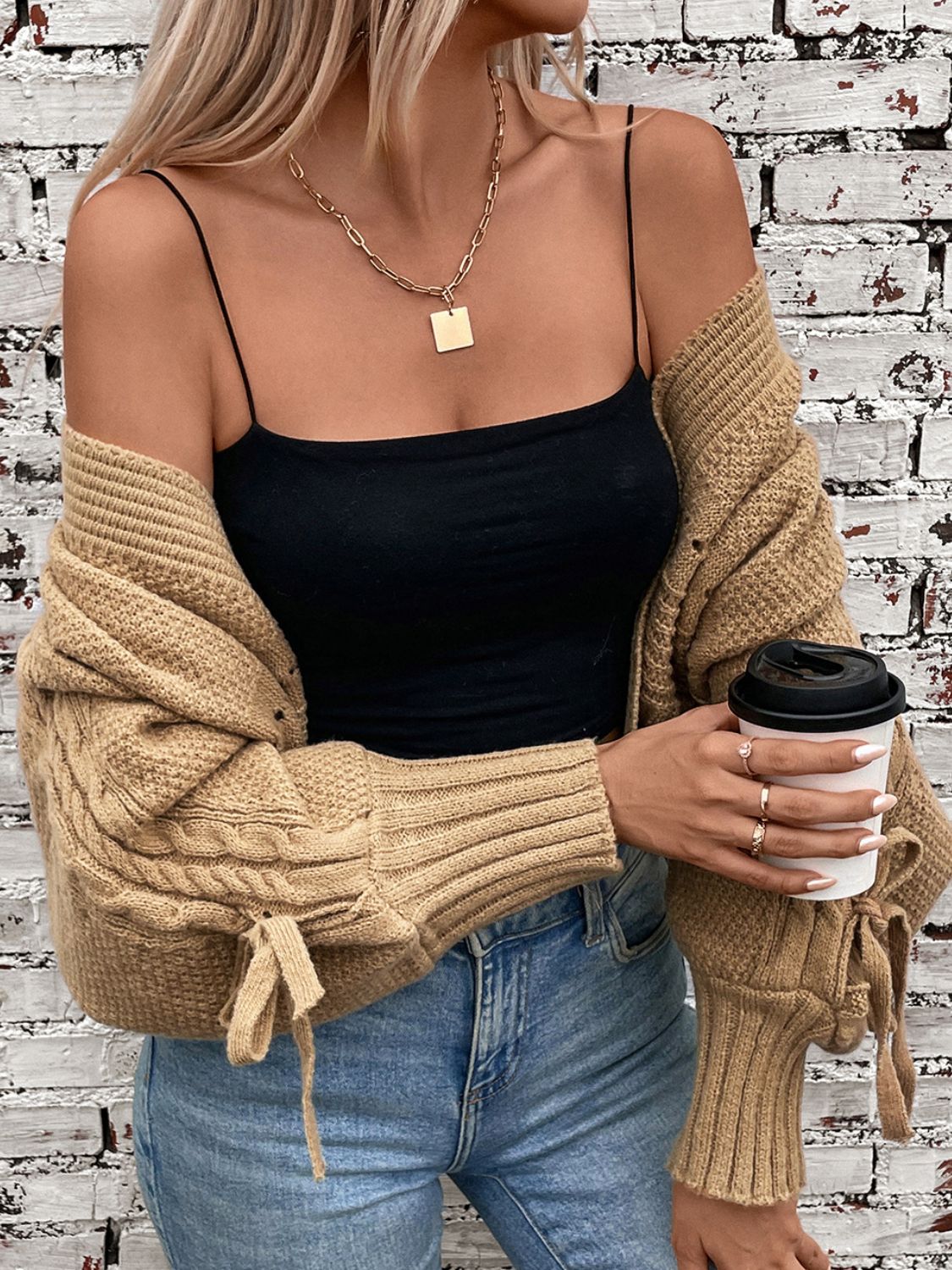 Cable-Knit Tied Open Front Cardigan | Cozy & Chic Lantern Sleeve Sweater
