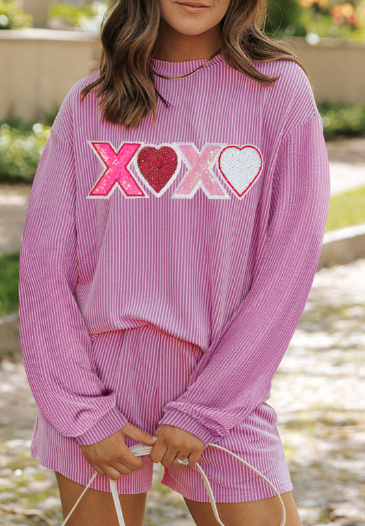 Conjunto de top de manga larga y pantalones cortos con cordón y lentejuelas en forma de corazón XOXO para el día de San Valentín