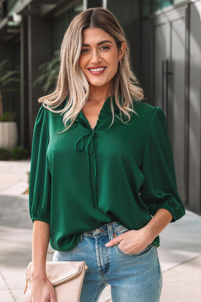 Fiery Red Solid Color Frilled V Neck Bow Detail 3/4 Sleeve Blouse