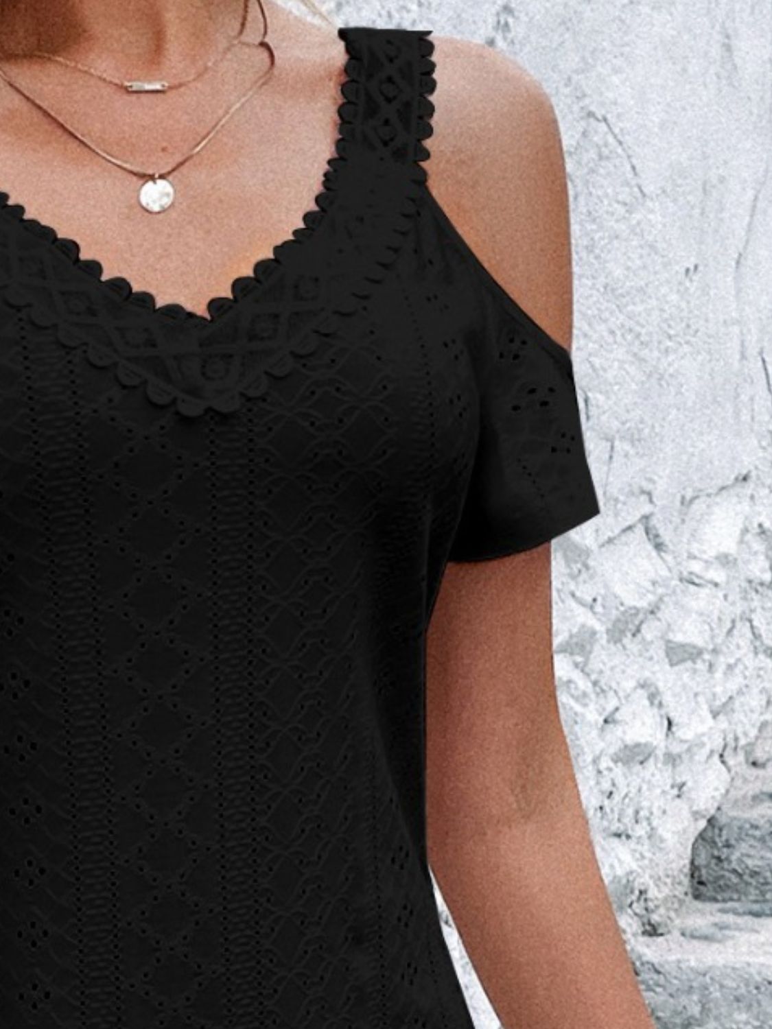 Eyelet V-Neck Cold Shoulder Mini Dress – Elegant & Trendy