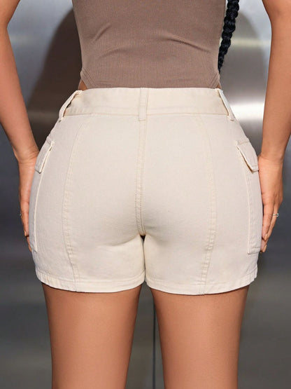 Mid-Rise Waist Denim Shorts with Pockets | Casual & Chic