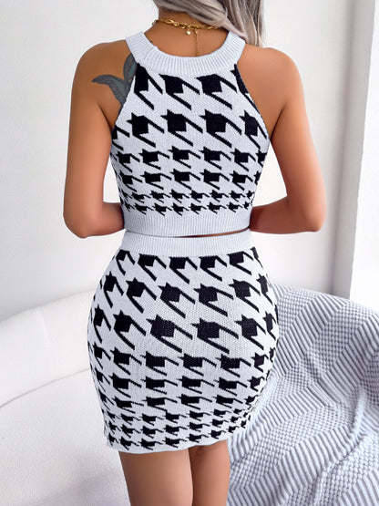 Conjunto de suéter y falda sin mangas con estampado de pata de gallo