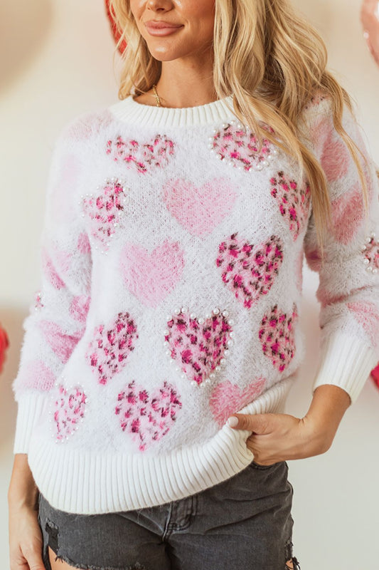 Suéter de cuello redondo con corazón y detalle de perla