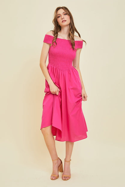 HEYSON Off-Shoulder Smocked Midi Dress – Chic & Elegant