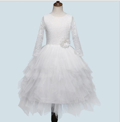 Girls' White Lace Princess Dress | Elegant Long-Sleeve Irregular Skirt