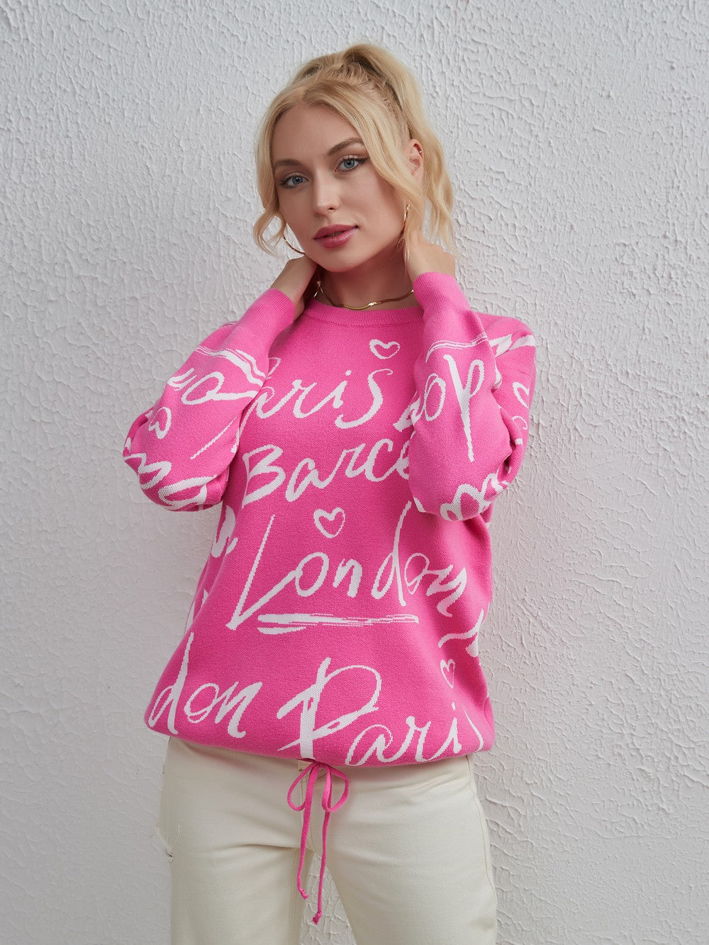 Drawstring Hem Letter Sweater | Trendy & Casual Dropped Shoulder Pullover