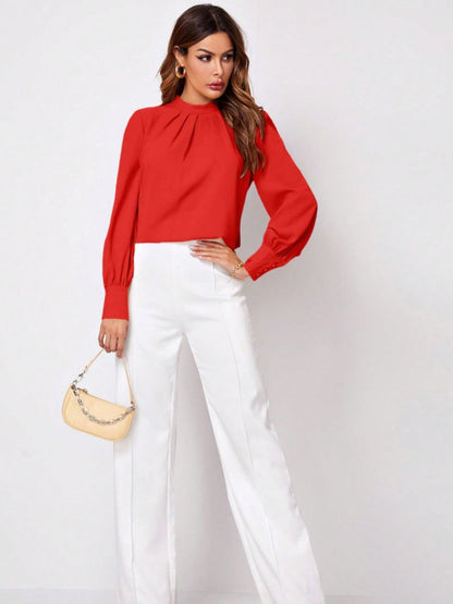 Ruched Mock Neck Long Sleeve Blouse | Elegant & Stylish Statement Piece
