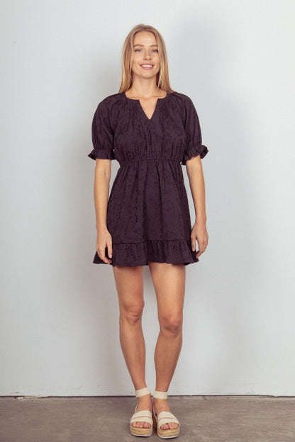 VERY J Floral Textured Woven Ruffled Mini Dress – Chic & Feminine