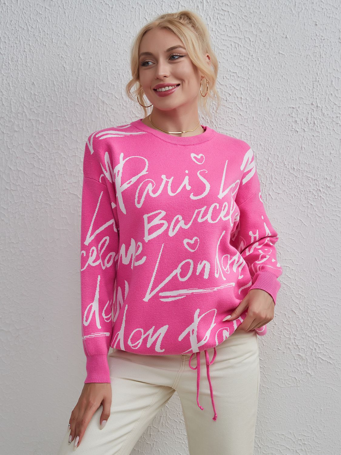 Drawstring Hem Letter Sweater | Trendy & Casual Dropped Shoulder Pullover