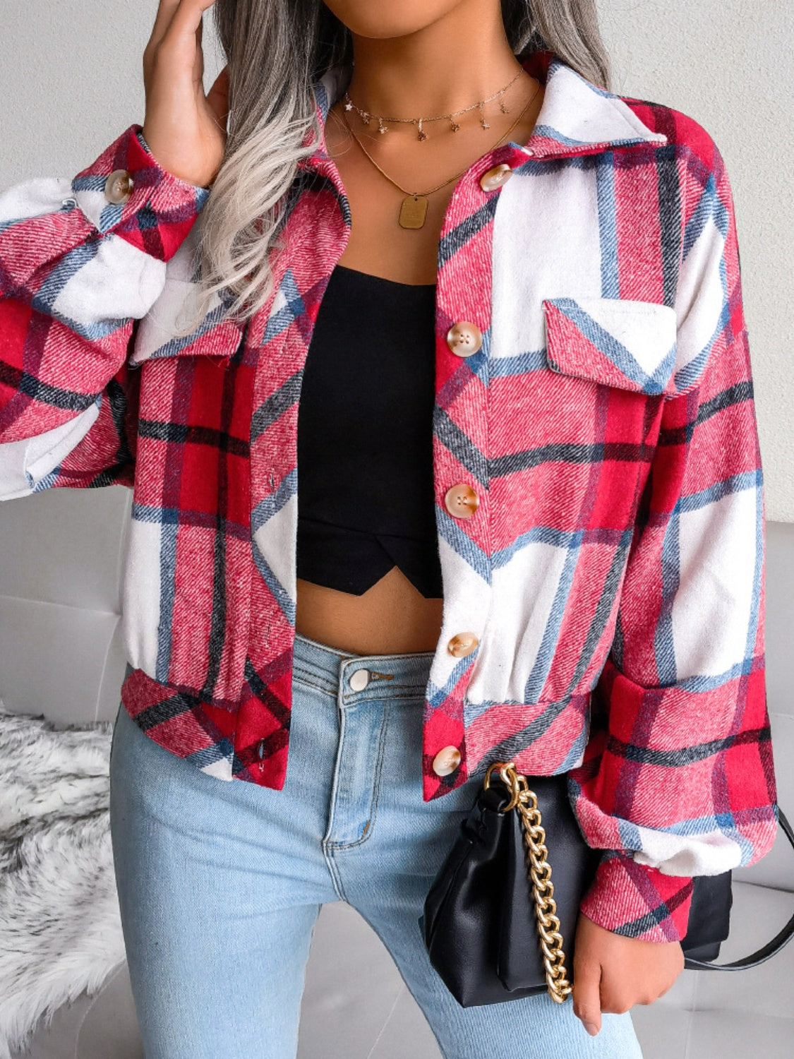 Chaqueta de manga larga con cuello a cuadros