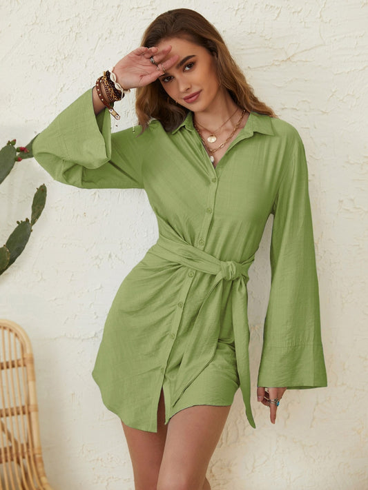 Collared Neck Long Sleeve Mini Shirt Dress | Chic & Stylish Outfit