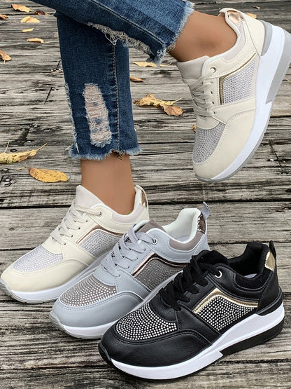 Lace-Up Rhinestone Wedge Sneakers | Glamorous & Trendy Elevated Kicks
