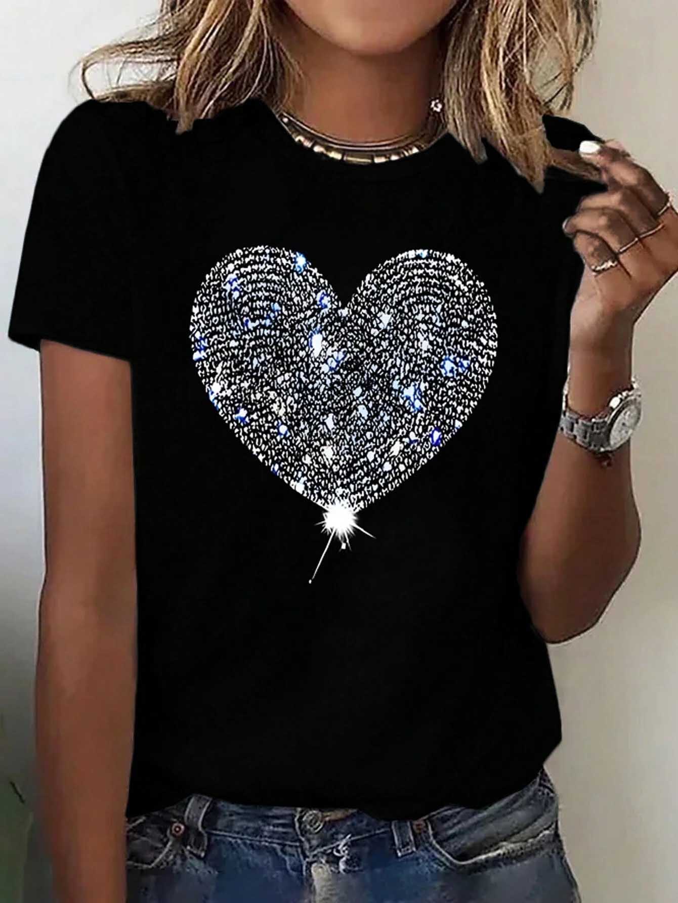 Camiseta de manga corta con cuello redondo y gráfico de corazón