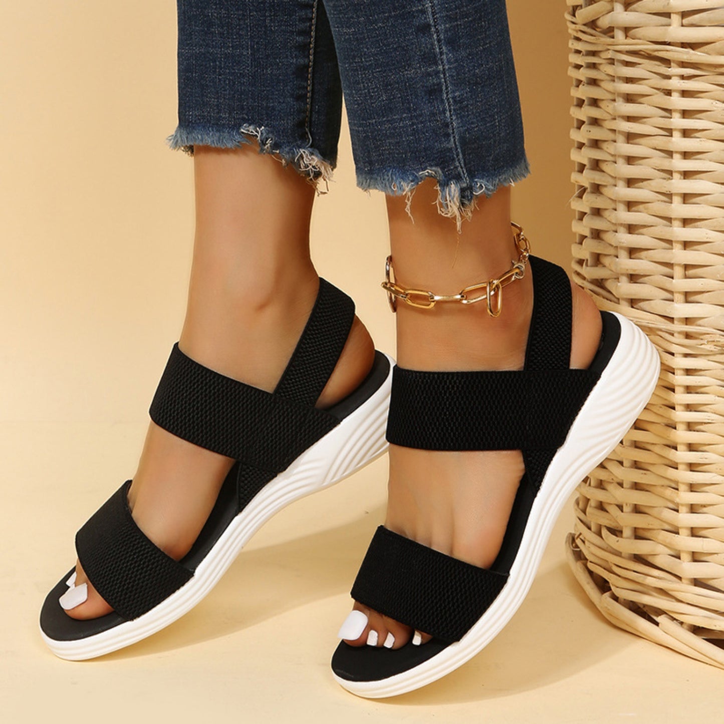 Rubber Open Toe Low Heel Sandals – Comfortable & Stylish
