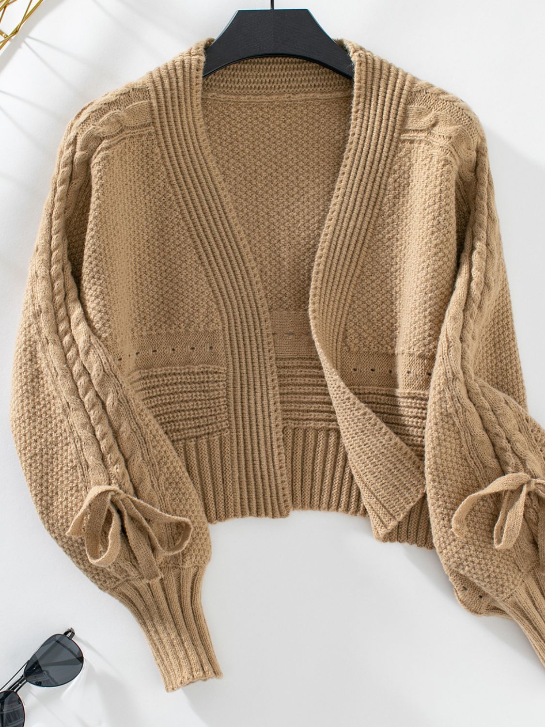 Cable-Knit Tied Open Front Cardigan | Cozy & Chic Lantern Sleeve Sweater
