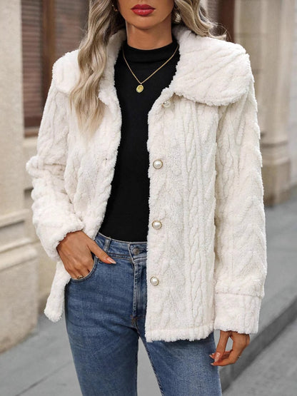 Fuzzy Texture Button-Up Collared Coat | Cozy & Chic Outerwear