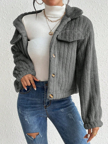 Title: Fuzzy Button-Up Collared Neck Jacket | Cozy & Stylish Outerwear