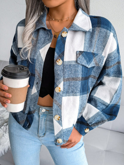 Plaid Collared Neck Long Sleeve Jacket | Timeless & Cozy Outerwear