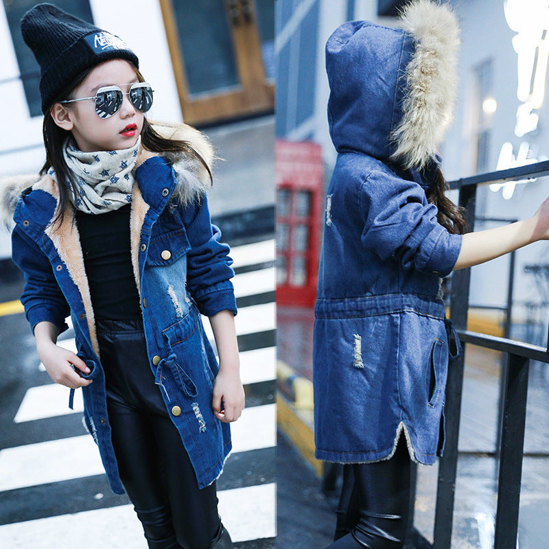 Denim Trench Coat with Velvet Padded Waist | Stylish & Warm