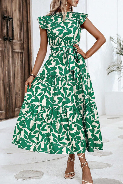 Green Leaf Print Ruffle Mock Neck Sleeveless Dress – Elegant & Flowy