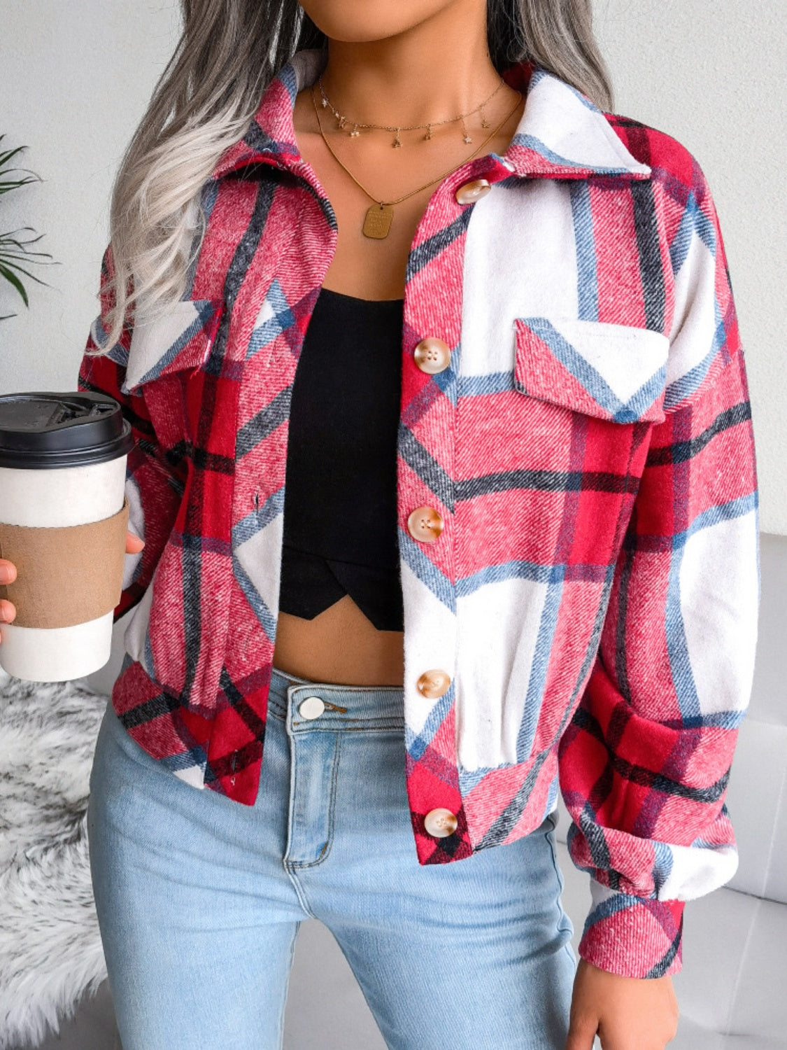 Plaid Collared Neck Long Sleeve Jacket | Timeless & Cozy Outerwear