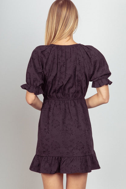 VERY J Floral Textured Woven Ruffled Mini Dress – Chic & Feminine