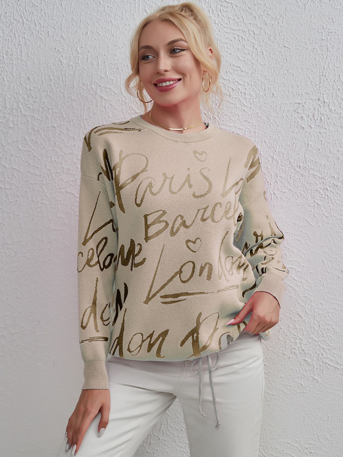 Drawstring Hem Letter Sweater | Trendy & Casual Dropped Shoulder Pullover
