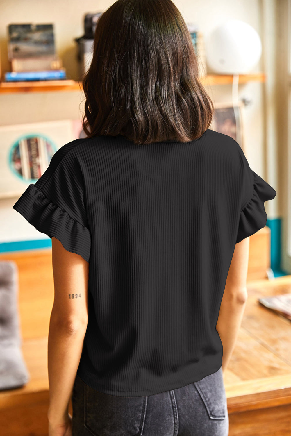 Blackish Green Solid Color Ribbed Ruffled Short Sleeve T Shirt
