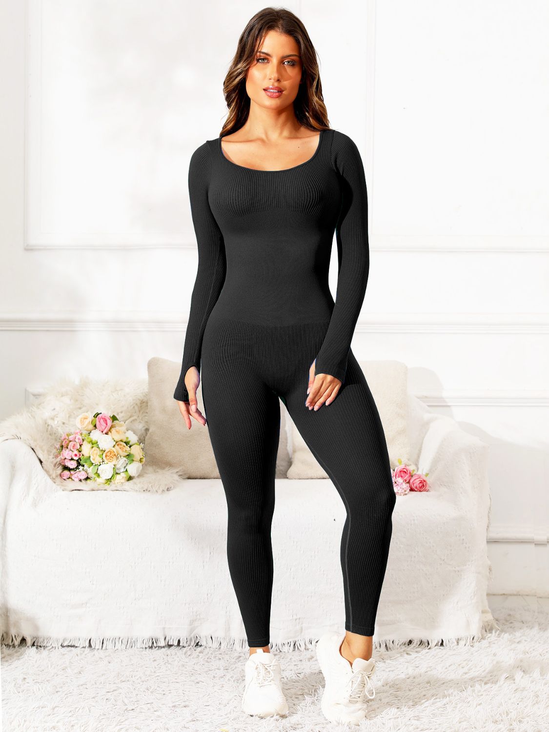 Scoop Neck Long Sleeve Active Jumpsuit – Sleek & Comfortable