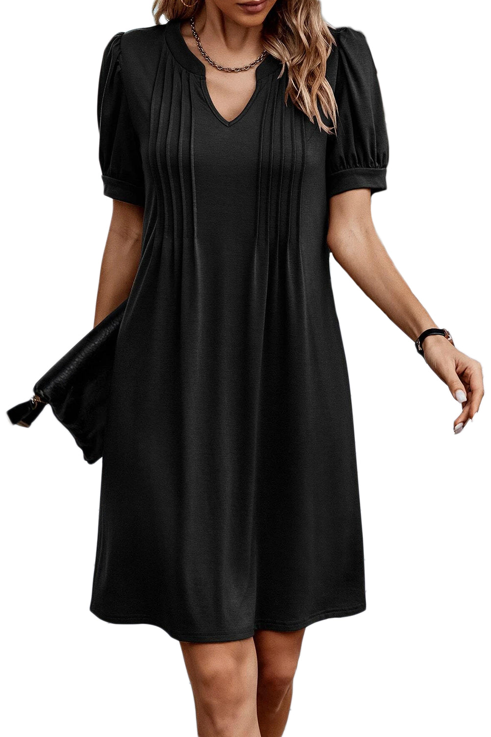 Vestido camisero plisado con mangas abullonadas y cuello con muescas en color negro