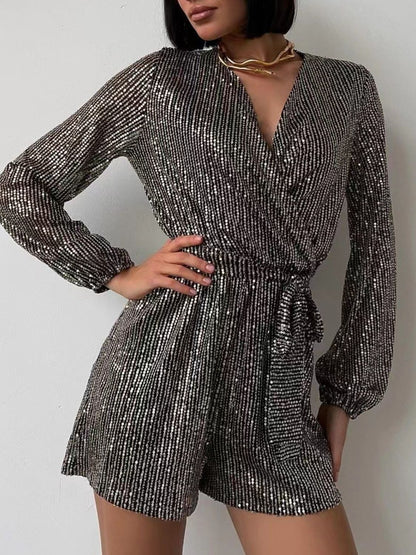 Full Size Sequin Surplice Romper | Glamorous Tie-Waist Long Sleeve One-Piece
