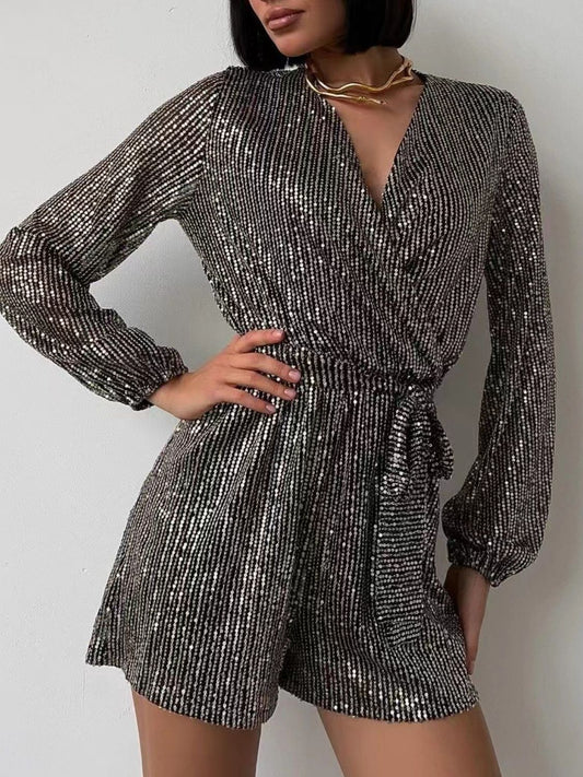 Full Size Sequin Surplice Romper | Glamorous Tie-Waist Long Sleeve One-Piece