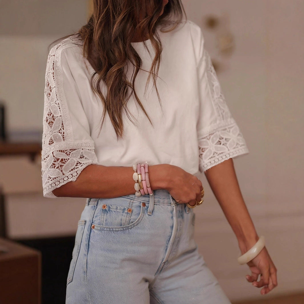 Exquisite Round-neck Short-sleeve Batwing Hollow Lace Trim Blouse