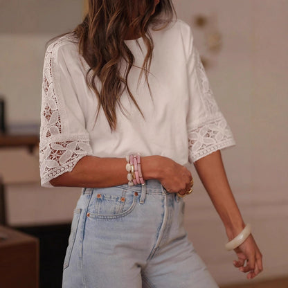 Exquisite Round-neck Short-sleeve Batwing Hollow Lace Trim Blouse