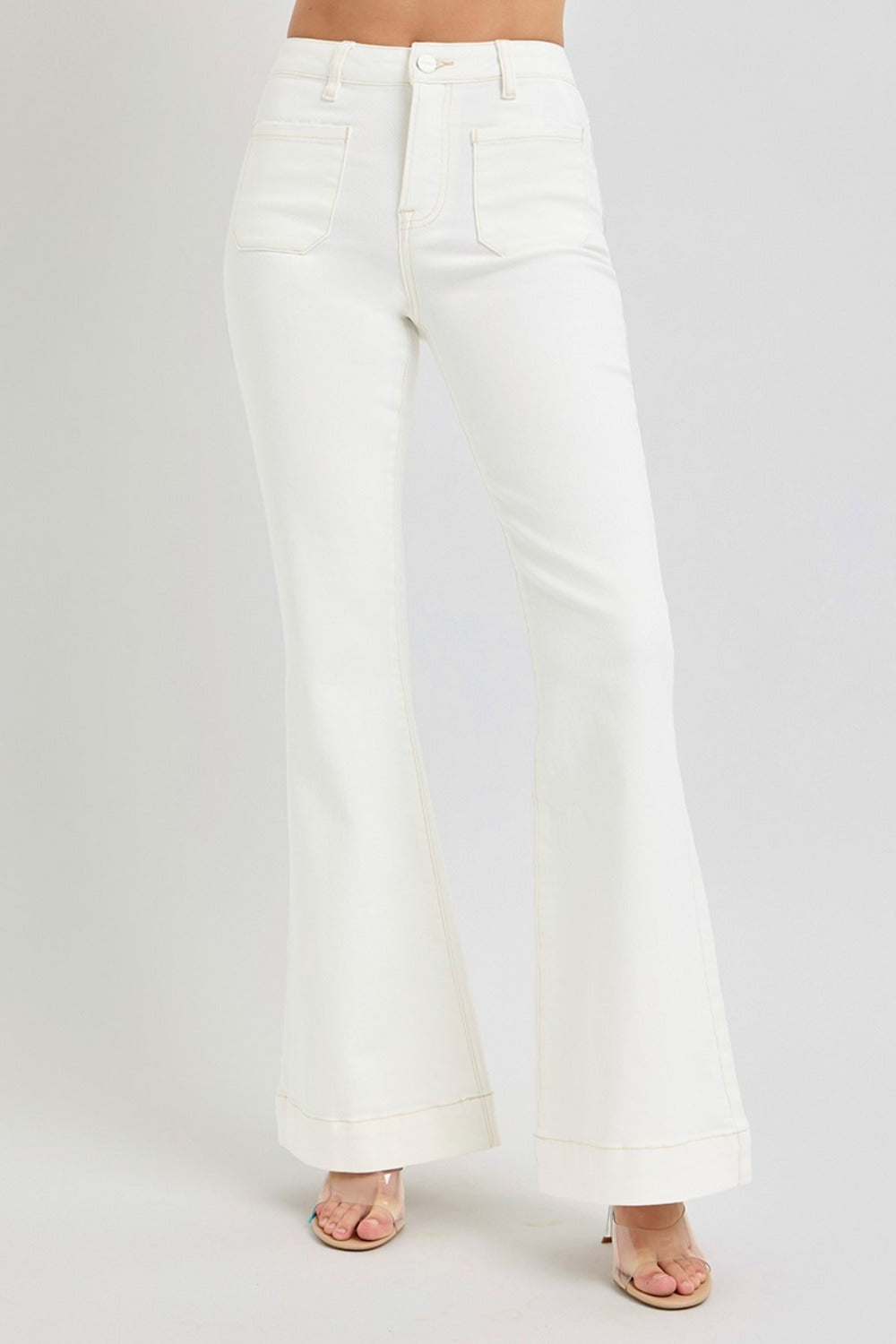 RISEN Full Size High-Rise Flare Jeans | Trendy Patch Pocket Denim