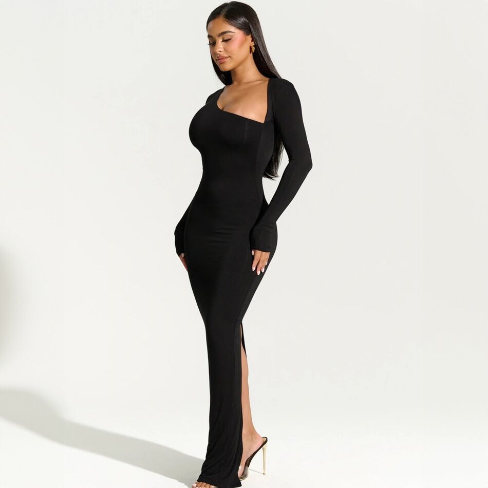 Long-Sleeved Slim-Fit Sloping Neck Dress with Slit Back