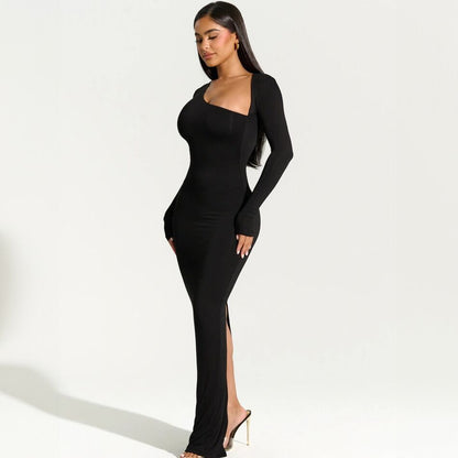 Long-Sleeved Slim-Fit Sloping Neck Dress with Slit Back
