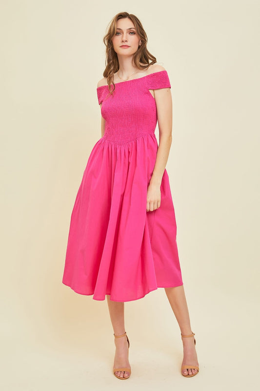 HEYSON Off-Shoulder Smocked Midi Dress – Chic & Elegant