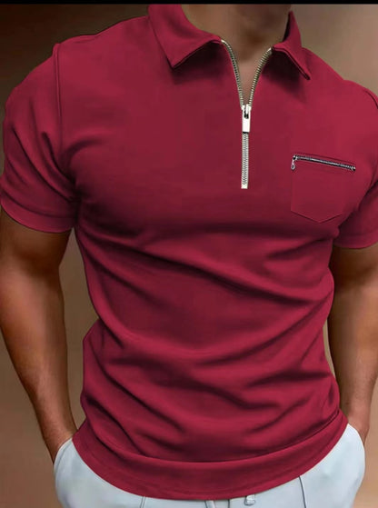 Camiseta de manga corta con solapa y bolsillo de color liso para hombre de verano