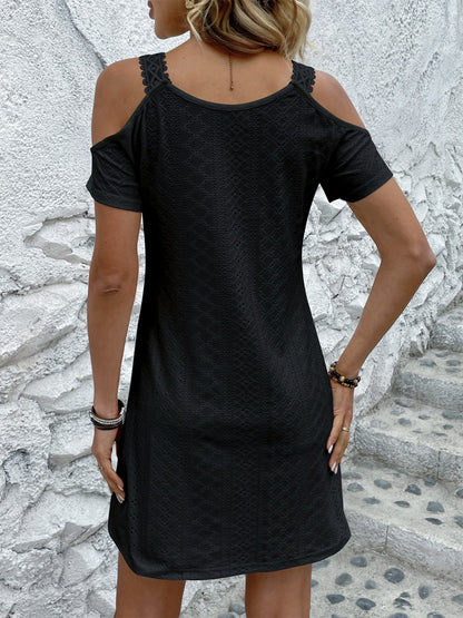 Eyelet V-Neck Cold Shoulder Mini Dress – Elegant & Trendy