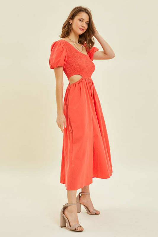 HEYSON Smocked Cutout Midi Dress – Chic & Trendy Style