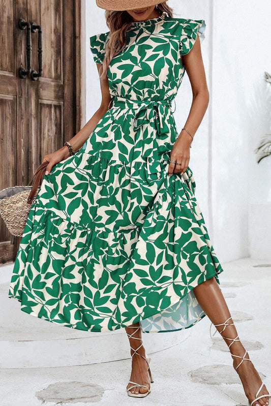 Green Leaf Print Ruffle Mock Neck Sleeveless Dress – Elegant & Flowy